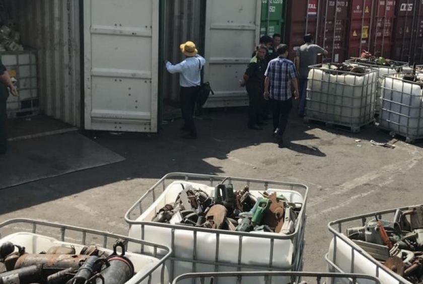 Scrap containers are handled at Cát Lái Port in HCM City. During the first six months of the year, more than 500 waste containers were denied entry into Việt Nam. VNA/VNS Photo Thanh Vũ