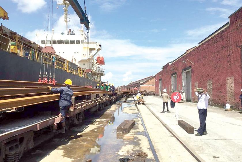 Rails to be used for Yangon-Mandalay Railroad Project arrived at the jetty on September 16.