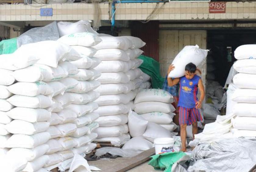 A rice warehouse at Bayintnaung Wholesale Centre in Yangon