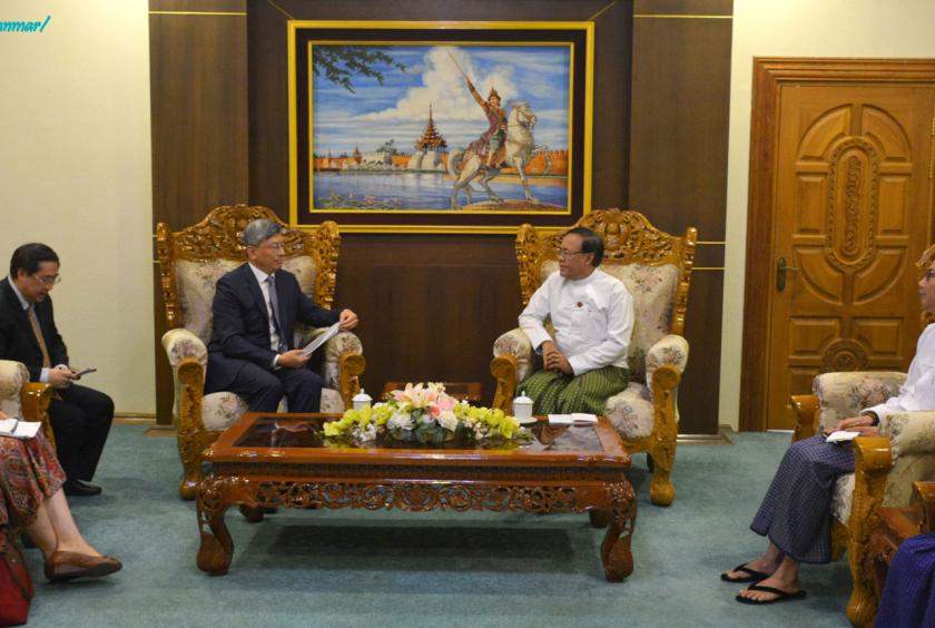 Union Minister for International Cooperation Kyaw Htin meets Chinese Ambassador to Myanmar Chen Hai on February 14