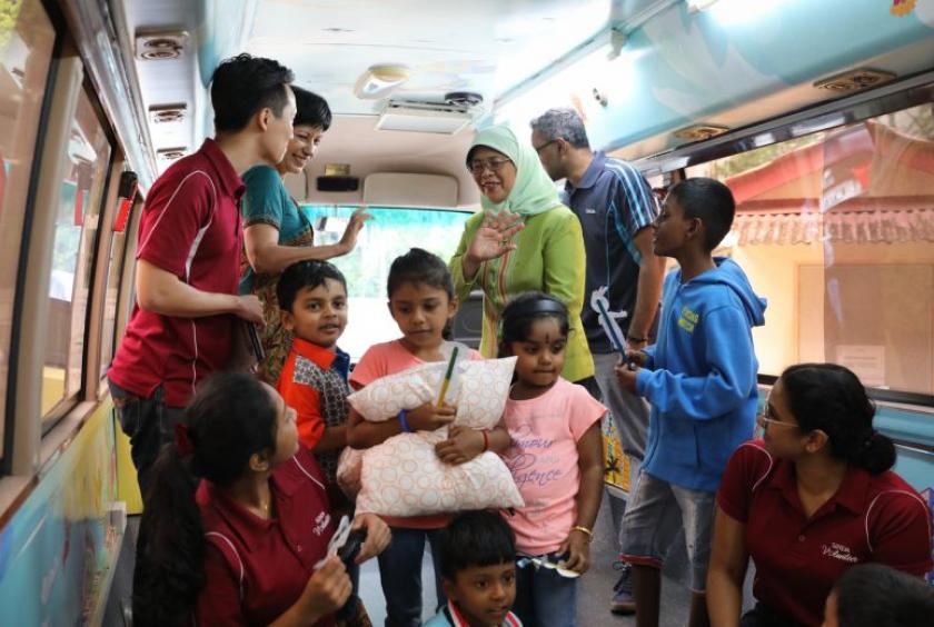 President Halimah Yacob and Minister in the Prime Minister's Office Indranee Rajah touring the Sinda bus on Jan 18, 2020.ST PHOTO: ONG WEE JIN