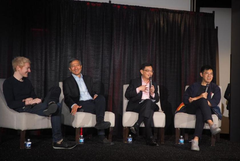 (From left) Mr Patrick Collison, CEO of Stripe, Foreign Minister Vivian Balakrishnan, Finance Minister Heng Swee Keat, and Economic Development Board managing director Chng Kai Fong at the Tech Forum in San Francisco on April 20, 2019.Photo/Straits Times 