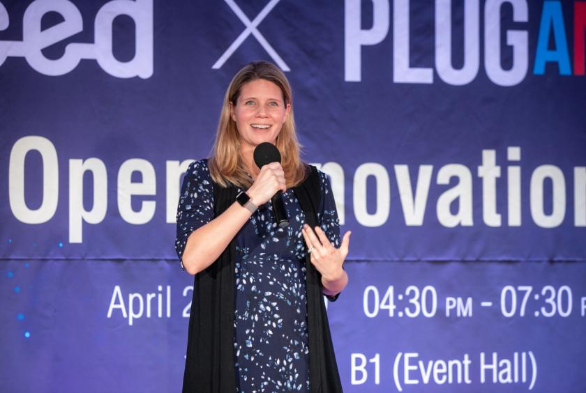 Plug and Play Tech Center Chief Operating Officer Candace Widdoes speaks during Plug and Play Seoul-VIP Open Innovation Mixer on April 23. (KISEP) 