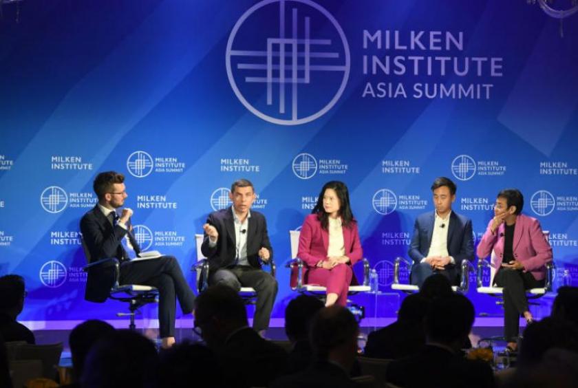 (From left) Mr Jonathan McClory, moderator of the panel discussion on the fight against fake news at the Milken Institute Asia Summit 2019, with Warren Fernandez, editor of The Straits Times; Ellana Lee, senior vice-president at CNN International; Gary Liu, CEO of South China Morning Post; and Maria Ressa, executive editor of Rappler.ST PHOTO: DESMOND FOO