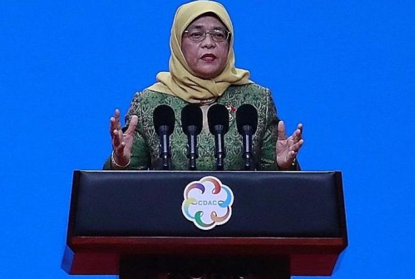 President Halimah Yacob speaking at the opening ceremony of the inaugural Conference on Dialogue of Asian Civilisations in Beijing yesterday, where she spoke of how Singapore safeguards its diversity. PHOTO: EPA-EFE