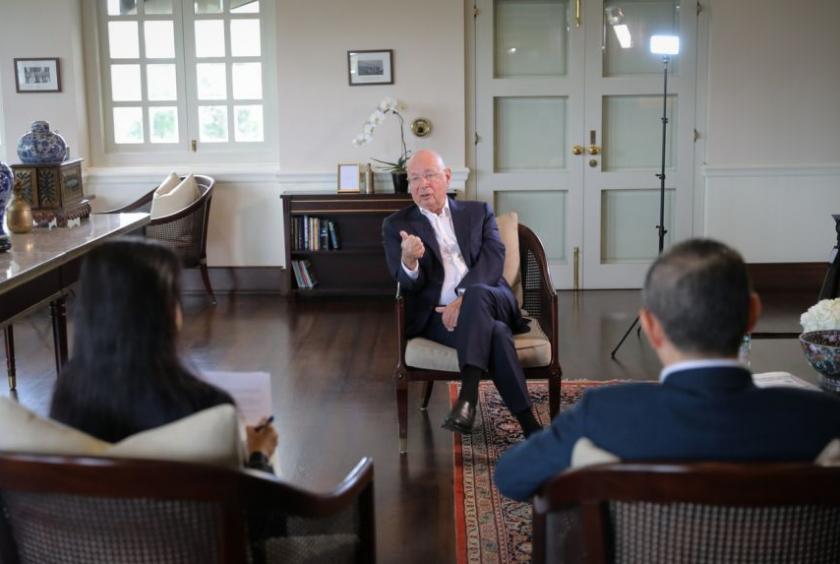 WEF executive chairman Klaus Schwab speaking with ST Editor-in-Chief Warren Fernandez and Asia News Network editor Shefali Rekhi during an interview on Feb 9, 2021.ST PHOTO: ONG WEE JIN