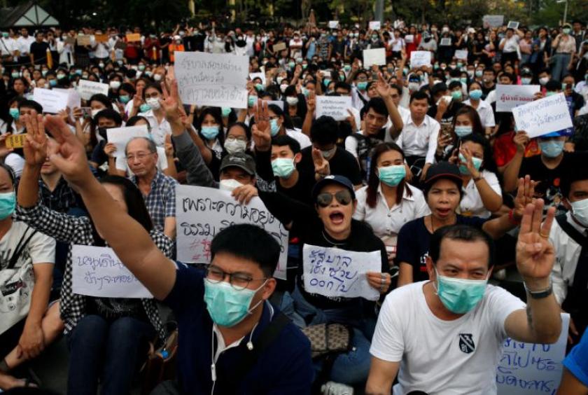 Thai students at Ramkhamhaeng University in Bangkok on Feb 27, 2020, protesting against a court's decision that dissolved the country's second largest opposition party, Future Forward.PHOTO: REUTERS