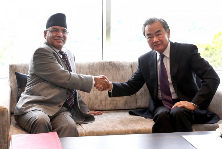 Nepal Communist Party (NCP) Co-chair Pushpa Kamal Dahal meets Chinese Foreign Minister Wang Yi in Kathmandu on Tuesday. Kiran Panday/TKP