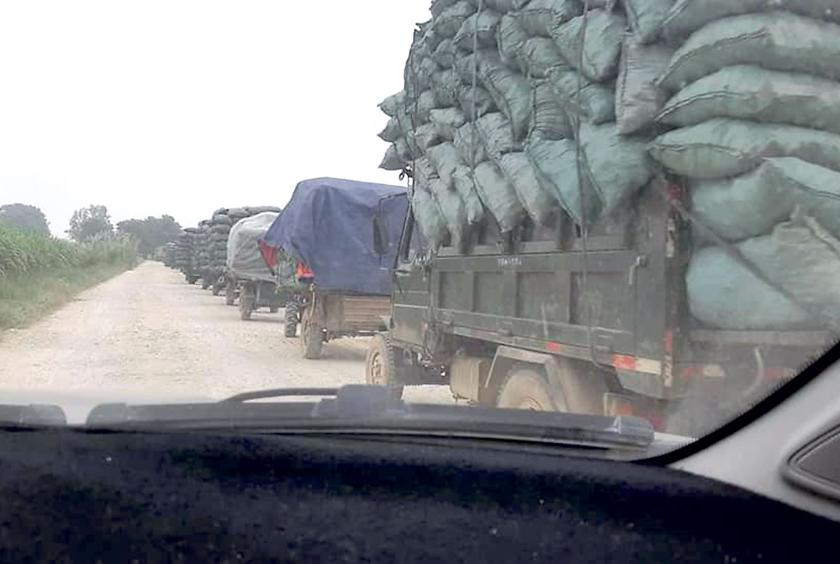 A convoy of trucks loaded with charcoal heading for China (Photo- Jaw Li Facebook Book) 