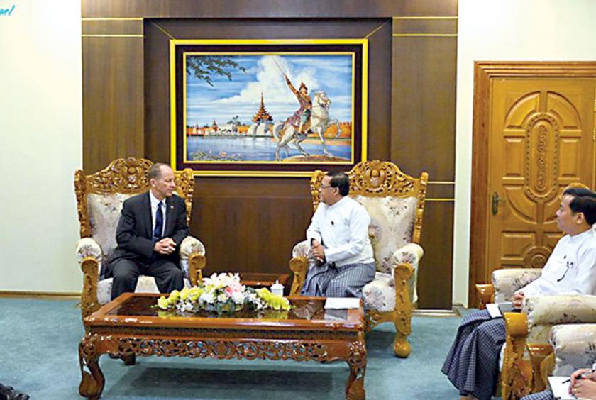 Union Minister Kyaw Tin meets Assistant Secretary of State for East Asian and Pacific Affairs, David R. Stilwell in Nay Pyi Taw on October 29.