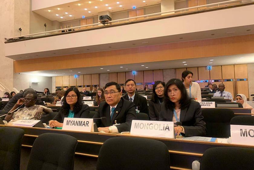Dr. Win Myat Aye attends the high-level meeting on statelessness, general discussions from each UN member nation held at United Nations Assembly Hall in Geneva, Switzerland on October 8. (MOI) 