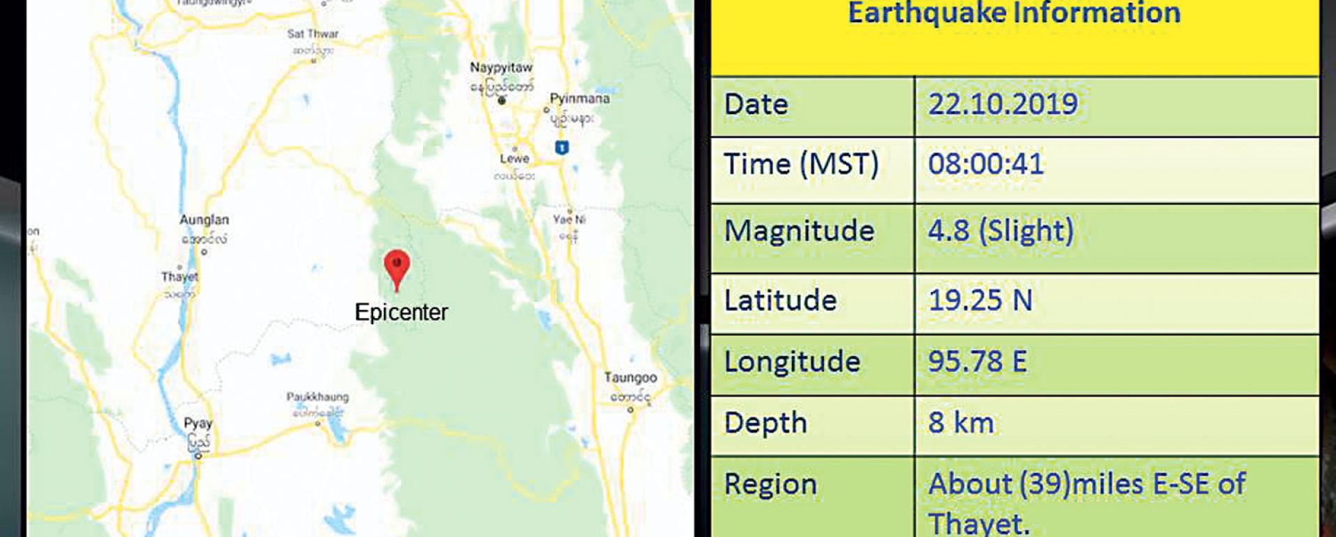 Map shows earthquake position near Thayet Township (Photo-DMH)