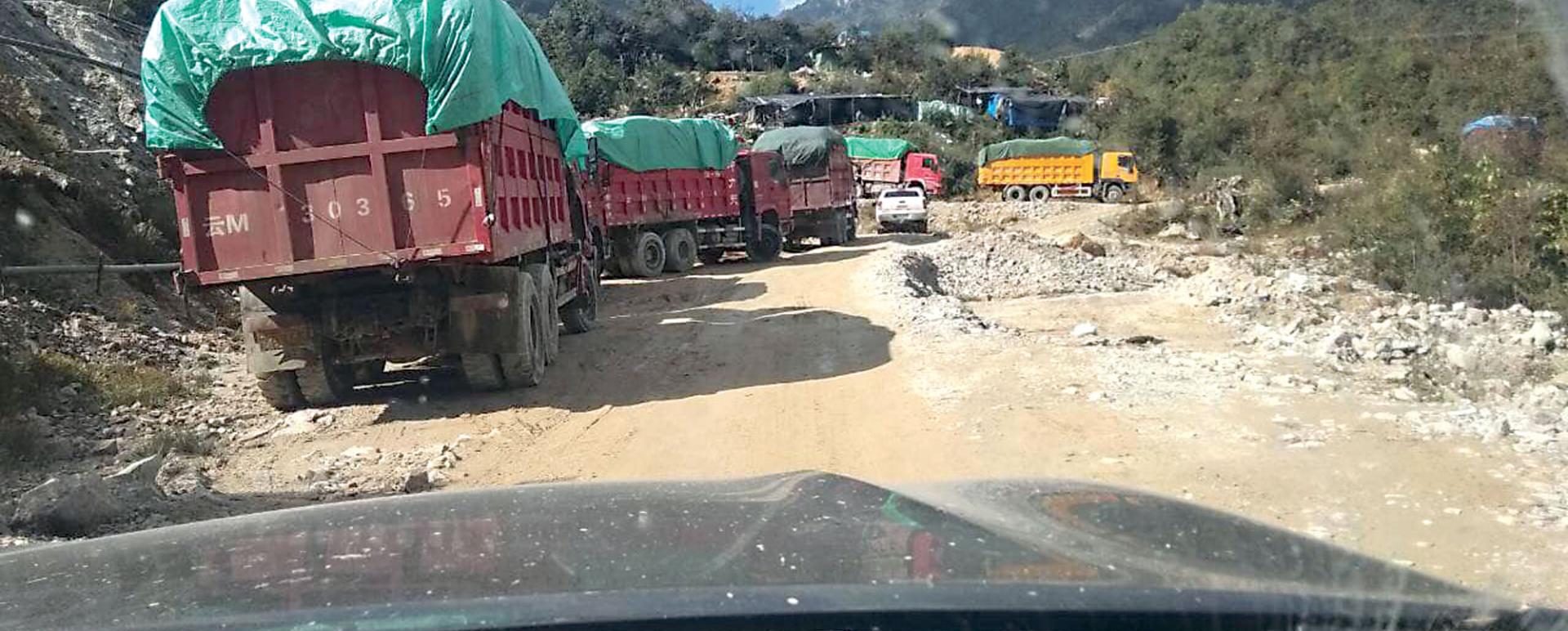 A convoy of trucks loaded with Ammonium Sulphate.(Photo-Mines Department in Kachin State)