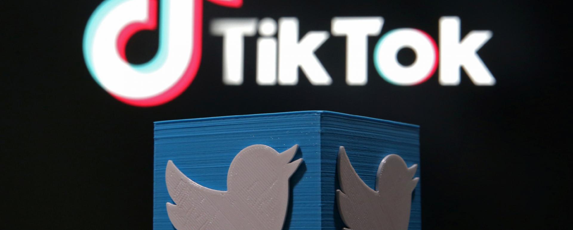 A 3D-printed Twitter logo is placed in front of a displayed Tik Tok logo in this illustration picture taken Aug 9, 2020. [Photo/Agencies] 
