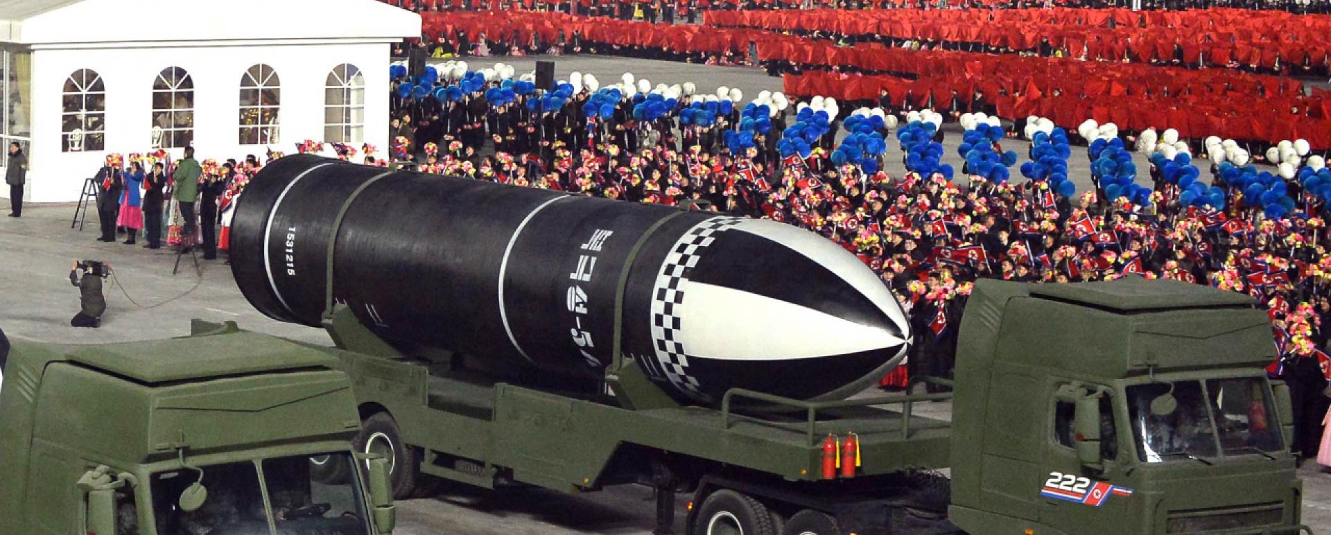 The Pukguksong-5-siot, a submarine-launched ballistic missile, is seen at the military parade in Pyongyang, North Korea, Jan. 14, 2021. The Korean letter “siot” means sea-based. (KCNA-Yonhap)